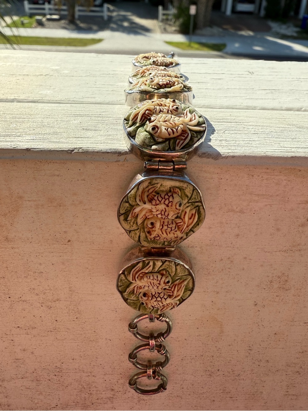 Rare! Charles Albert Green and Cream Fish Motif Sterling Silver Bracelet - Picture 2 of 9